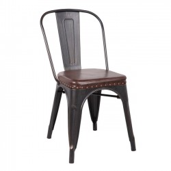 Καρέκλα μεταλλική antique black με δερματίνη σκούρη καφέ c18488