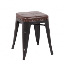 Σκαμπώ μεταλλικό χαμηλό antique black με δερματίνη σκούρη καφέ c18497