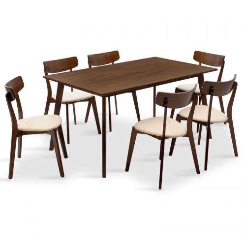 Tραπεζαρία Benson Toto pakoworld σετ 7τμχ καρυδί ύφασμα μπεζ 150x90x75εκ c169743