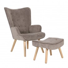 ALMA Πολυθρόνα Μπερζέρα Σκαμπό Υποπόδιο Φυσικό Ύφασμα Velure Ανοιχτό Καφέ c347149