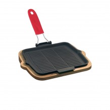 Μαντέμι Σερβιρίσματος Τηγάνι με ραβδώσεις 24x24x1 2cm με χερούλι σιλικόνης με βάση ξύλου LAVA c374764