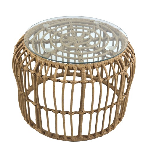 Τραπεζάκι Κήπου ALBIUS Φυσικό Rattan Μέταλλο Γυαλί Φ50x35cm c450286