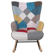 ALMA Rocking Πολυθρόνα Μπερζέρα Καθιστικού Ύφασμα Patchwork Βάση Μαύρο-Φυσικό c453153