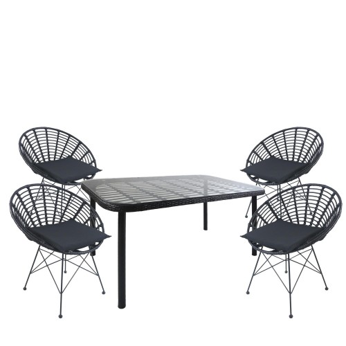 Σετ Τραπεζαρία Κήπου AMPLAS Μαύρο Μέταλλο Rattan Γυαλί Με 4 Καρέκλες 14990383 c459837