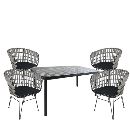 Σετ Τραπεζαρία Κήπου AMPLAS Μαύρο Μέταλλο Rattan Γυαλί Με 4 Καρέκλες 14990389 c459839