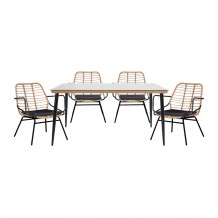 Τραπεζαρία Naoki A pakoworld σετ 5 τμχ rattan φυσικό-μαύρο μέταλλο-γυαλί 160x90x78εκ c479716