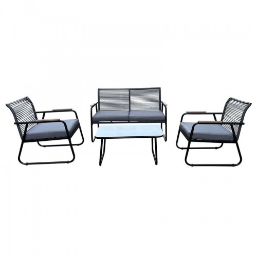 ROCCO Set Σαλόνι Κήπου 4τεμ Μέταλλο Μαύρο RopeWicker Γκρι Μαξιλ Σκούρο Γκρι Γυαλί Μαύρο c491495