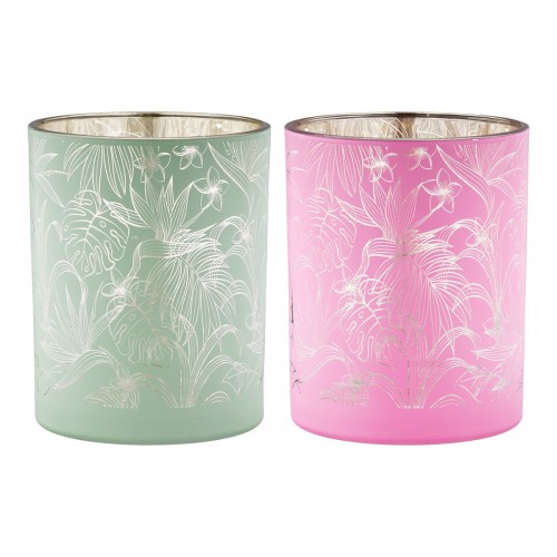 Φανάρι Καταιγίδας Cylindrical Tropic Leaf Motif Γυάλινο Πράσινο Pink PU Pcs Assorted H 125 cm D 10 cm c492667