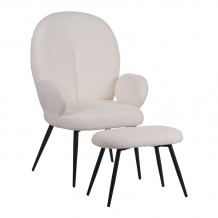 Πολυθρόνα με υποπόδιο Qarar pakoworld μπουκλέ ύφασμα σε λευκή απόχρωση με μαύρα μεταλλικά πόδια 67 5x67 5x106εκ c493534