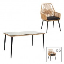 Τραπεζαρία Naoki-Tanish σετ 7τεμ pakoworld μέταλλο μαύρο-pe φυσικό-γυαλί 160x90x78εκ c494280