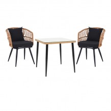 Τραπεζαρία Naoki σετ 3 τεμ pakoworld μέταλλο μαύρο-pe φυσικό-γυαλί 80x80x78εκ c494283