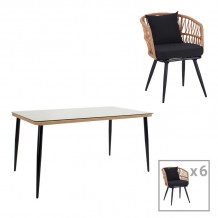 Τραπεζαρία Naoki σετ 7 τεμ pakoworld μέταλλο μαύρο-pe φυσικό-γυαλί 160x90x78εκ c494284