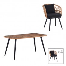 Τραπεζαρία Naoki σετ 5 τεμ pakoworld γυάλινο- pe rattan σε φυσική απόχρωση με μαυρα πόδια 140x80x78εκ c494288