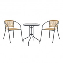 Tραπεζαρία Watson-Lindaria pakoworld σετ 3τεμ μέταλλο ανθρακί-γυαλί- pe rattan σε φυσική απόχρωση Φ60x70εκ c494463