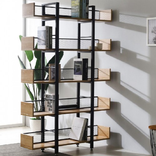 Βιβλιοθήκη Musha pakoworld μέταλλο μαύρο με oak απόχρωση 120x22x185εκ c495829