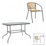 Τραπεζαρία Valor-Lindaria pakoworld σετ 5τεμ μέταλλο ανθρακί-γυαλί-pe rattan σε φυσική απόχρωση 110x60x70εκ c496026