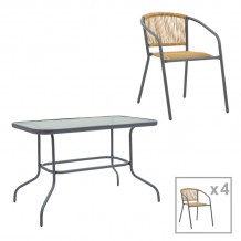 Τραπεζαρία Valor-Lindaria pakoworld σετ 5τεμ μέταλλο ανθρακί-γυαλί-pe rattan σε φυσική απόχρωση 110x60x70εκ c496026