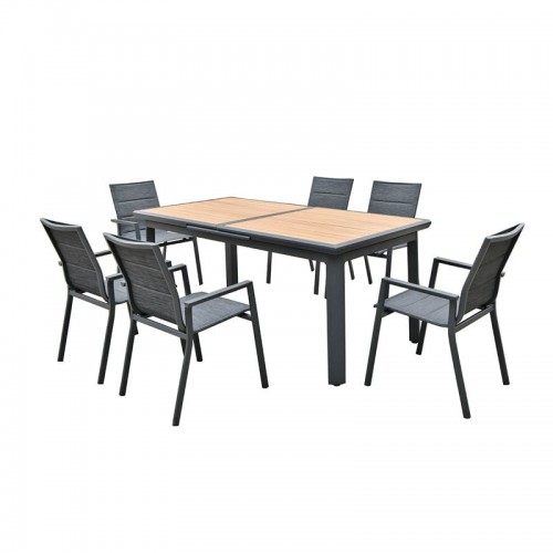 NAPOLI Set Dining ALU Κήπου 6 Πολυθρόνες Τραπέζι Επεκτ νο Μαύρο-Καρυδί-Textilene Ανθρακί c496692