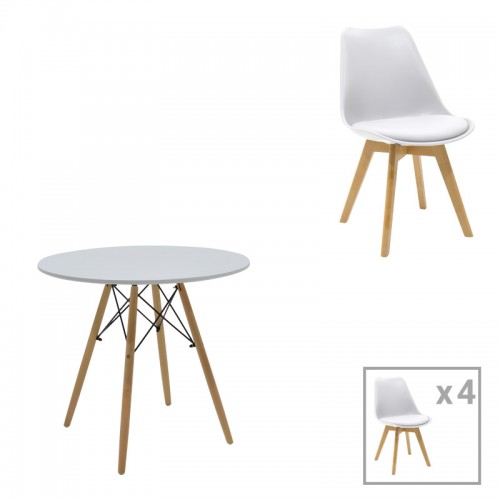 Τραπεζαρία Julita-Gaston σετ 5τεμ pakoworld MDF και ξύλο οξιάς σε λευκή-φυσική απόχρωση Φ80x73εκ c498384