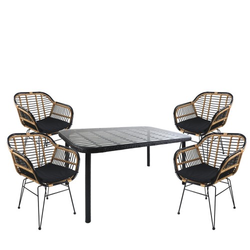 Σετ Τραπεζαρία Κήπου ArteLibre AMPLAS Μαύρο Μέταλλο Rattan Γυαλί Με 4 Καρέκλες 14990365 c499685