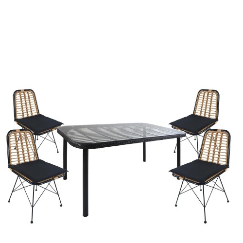 Σετ Τραπεζαρία Κήπου ArteLibre AMPLAS Μαύρο Μέταλλο Rattan Γυαλί Με 4 Καρέκλες 14990371 c499689