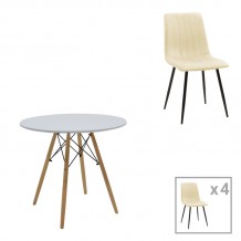 Τραπεζαρία Julita-Noor pakoworld σετ 5τεμ MDF λευκό-μπεζ ύφασμα Φ80x73εκ c499867