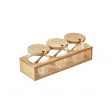 Βάση Ξύλινη απο Bamboo με 3 Γυάλινα Βάζα με Ξύλινο Καπάκι Χρώμα Φυσικό 28x9 3xΥ10cm Leone c500241