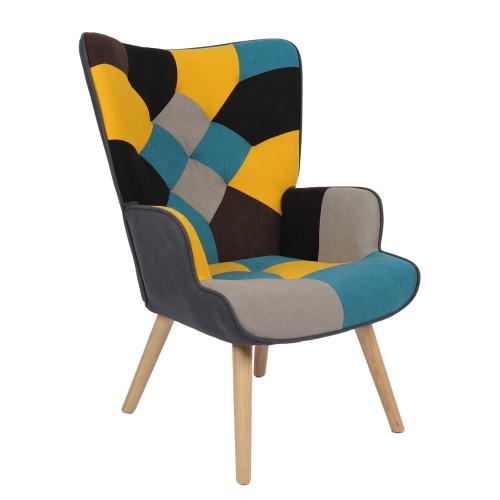 Πολυθρόνα ArteLibre BRIAR Κίτρινο Μπλε Patchwork Ύφασμα Ξύλο 73x69x96cm c500388