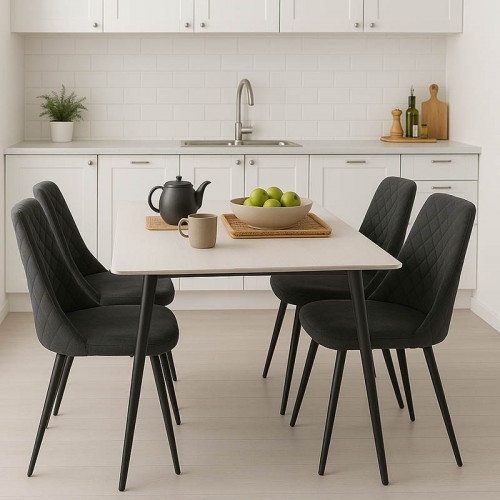 Τραπεζαρία Gustas-Giselle pakoworld σετ 5τεμ λευκό μαρμάρου sintered stone-βελούδο μαύρο 120x60x75εκ c500757
