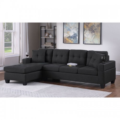 JORDAN Καναπές Σαλονιού Γωνία Αναστρέψιμος Ύφασμα Μαύρο Μπράτσα με ποτηροθήκες c501323