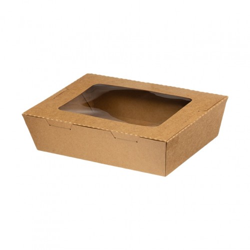 Χάρτινo κουτί Kraft με καπάκι παράθυρο rPet 900cc 15x11 6xΥ4 8cm μιας χρήσης Intertan - Σετ 100 c501421