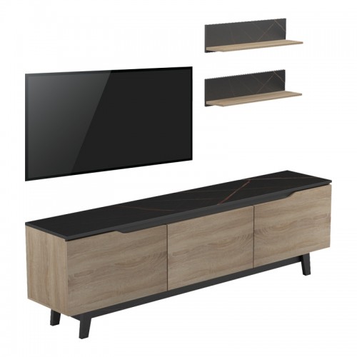 Σύνθετο σαλονιού Kasia pakoworld σε μαύρο μαρμάρου-sonoma απόχρωση 180x35x48 5εκ c501689