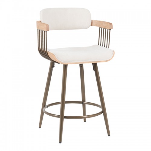 Σκαμπό μπαρ Cameo pakoworld περιστρεφόμενο μέταλλο μπρονζέ-white-wash ξύλο-μπέζ ύφασμα 53x50x93εκ c502537