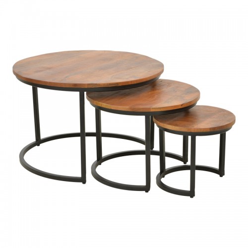 Τραπέζι σαλονιού Frina pakoworld σετ 3τεμ mango ξύλο σε καρυδί απόχρωση με πόδι μαύρο μέταλλο c502621