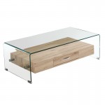 Vetro Wood Τραπεζάκι Σαλονιού Γυαλί 12mm Ράφι με Συρτάρι Απόχρωση Δρυς c530655