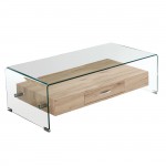 Vetro Wood Τραπεζάκι Σαλονιού Γυαλί 12mm Ράφι με Συρτάρι Απόχρωση Δρυς c530655