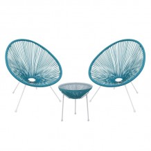 Roqueta Set Κήπου Βεράντας Τραπέζι 2 Πολυθρόνες Μέταλλο Άσπρο Rattan Μπλε c531589