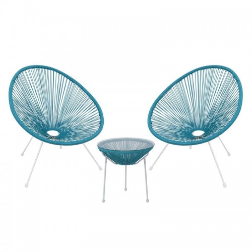 Roqueta Set Κήπου Βεράντας Τραπέζι 2 Πολυθρόνες Μέταλλο Άσπρο Rattan Μπλε c531589