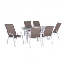 Reno Set Τραπεζαρία Κήπου Άσπρο Μέταλλο Textilene Cappuccino Τραπέζι 6 Πολυθρόνες c532414