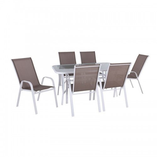 Reno Set Τραπεζαρία Κήπου Άσπρο Μέταλλο Textilene Cappuccino Τραπέζι 6 Πολυθρόνες c532414