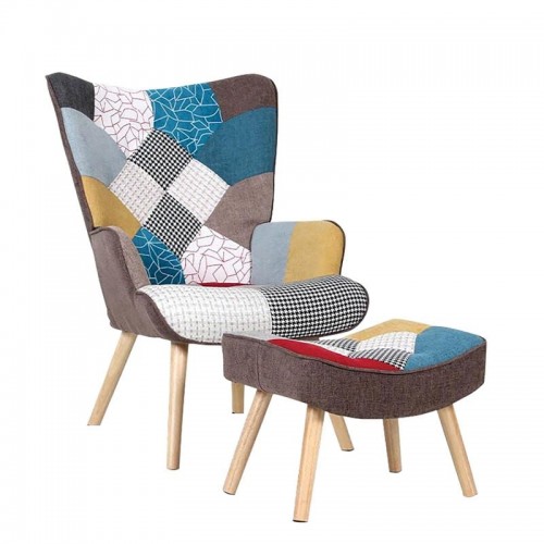 ALIO Πολυθρόνα Μπερζέρα με Σκαμπό Υποπόδιο Φυσικό Ύφασμα Patchwork K D c532569