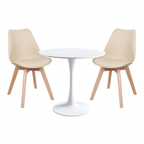 Τραπεζαρία Elijah-Gaston pakoworld σετ 3τεμ pp-pu σε taupe-λευκή απόχρωση με φυσικό πόδι Φ60x74εκ c533990