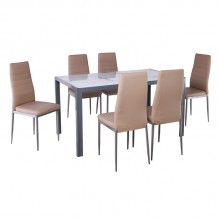 JETTA-DEGO Set Τραπεζαρία Τραπέζι 6 Καρέκλες Μέταλλο Γκρι - Γυαλί Marble - PVC Μπεζ c540189