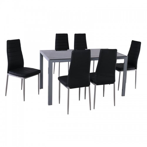 JETTA-DEGO Set Τραπεζαρία Τραπέζι 6 Καρέκλες Μέταλλο Γκρι - Γυαλί Μαύρο - PVC Μαύρο c540192
