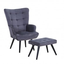 LOBBY Πολυθρόνα - Μπερζέρα με Σκαμπό - Υποπόδιο Μέταλλο Μαύρο Ύφασμα Velure Σκ Γκρι c540239