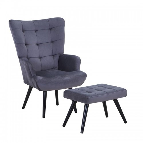 LOBBY Πολυθρόνα - Μπερζέρα με Σκαμπό - Υποπόδιο Μέταλλο Μαύρο Ύφασμα Velure Σκ Γκρι c540239