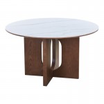 Τραπέζι Merge pakoworld sintered stone-mdf σε λευκό μαρμάρου με καρυδί βάση Φ130x75εκ c542345