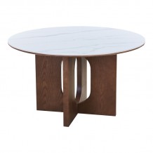Τραπέζι Merge pakoworld sintered stone-mdf σε λευκό μαρμάρου με καρυδί βάση Φ130x75εκ c542345