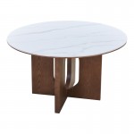 Τραπέζι Merge pakoworld sintered stone-mdf σε λευκό μαρμάρου με καρυδί βάση Φ130x75εκ c542345