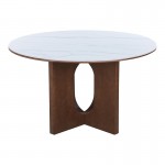 Τραπέζι Merge pakoworld sintered stone-mdf σε λευκό μαρμάρου με καρυδί βάση Φ130x75εκ c542345